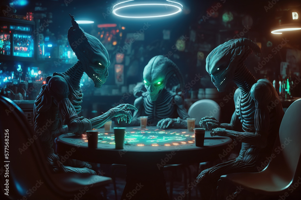 Weird aliens sitting at a table playing poker or cards in a neon lit bar.  Generative AI.