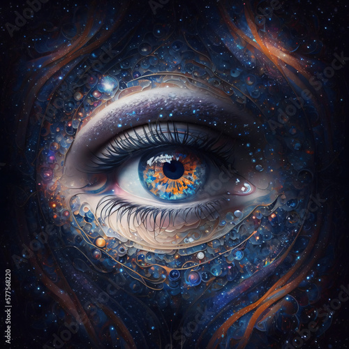 an eye surrounded by the cosmos. A nebula with an eye at the center. An eye in the space universe full of stars Generative Ai photo