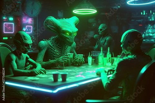 Weird aliens sitting at a table playing poker or cards in a neon lit bar. Generative AI.