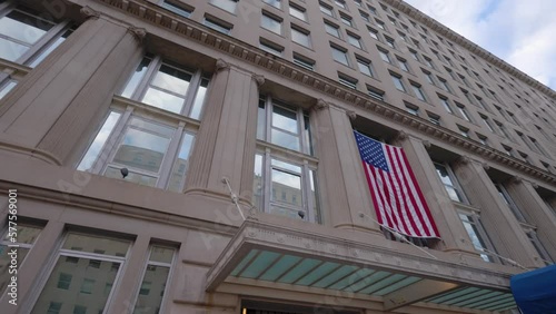 The Department of Veterans Affairs Building located at 810 Vermont Avenue NW in downtown Washington, DC. Tilt-down shot from facade to entrance awning.