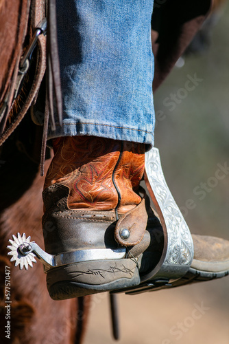 Horse on the Trail Looking at the Rider's Stirrups and Boots