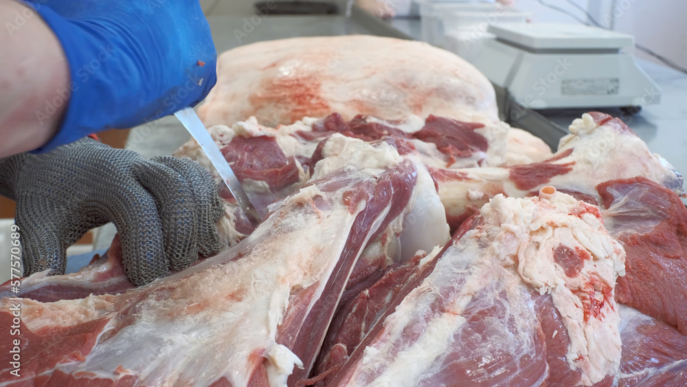 Close-up of butcher cutting meat. Clip. Cutting meat carcass in store. Slicing large piece of meat in grocery store