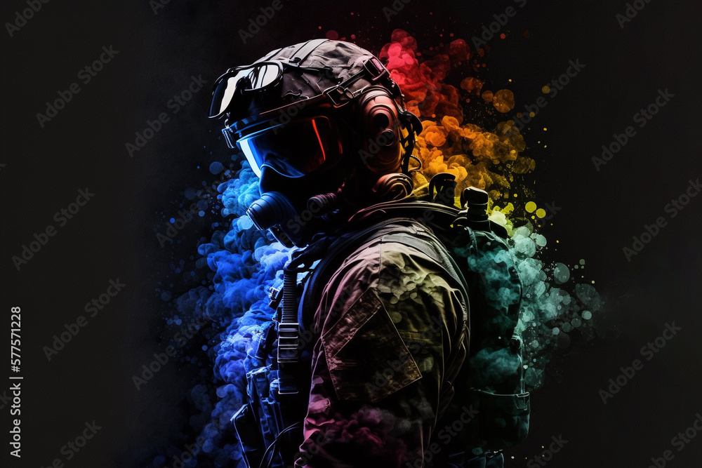 A tactical suit, colorful paint and smoke bombs for a war game. Generative A A tactical suit, colorful paint and smoke bombs for a war game. Generative A