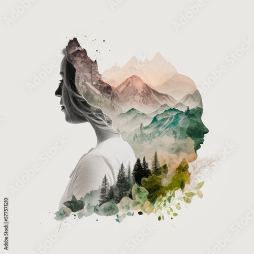 relaxing mind abstract double exposure, calm green nature earth with human , generative ai, mountains trees copy space