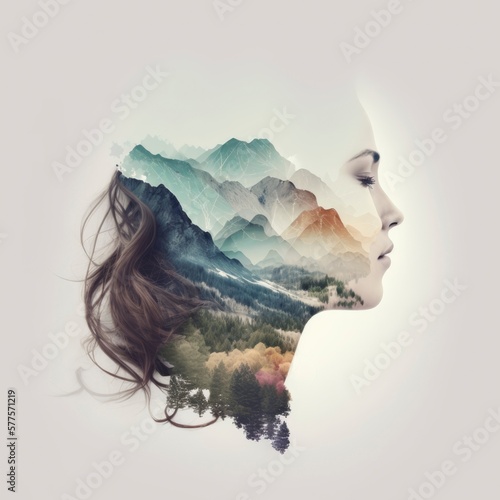 relaxing mind abstract double exposure, calm green nature earth with human , generative ai, mountains trees copy space