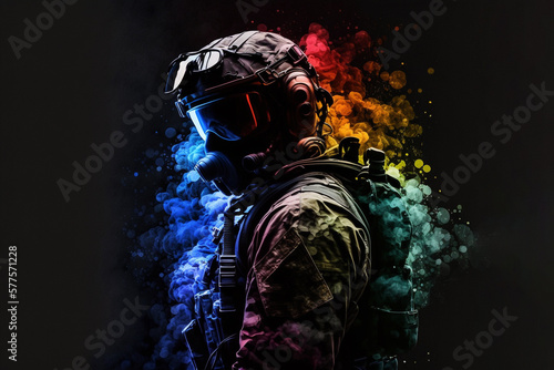A tactical suit  colorful paint and smoke bombs for a war game. Generative A