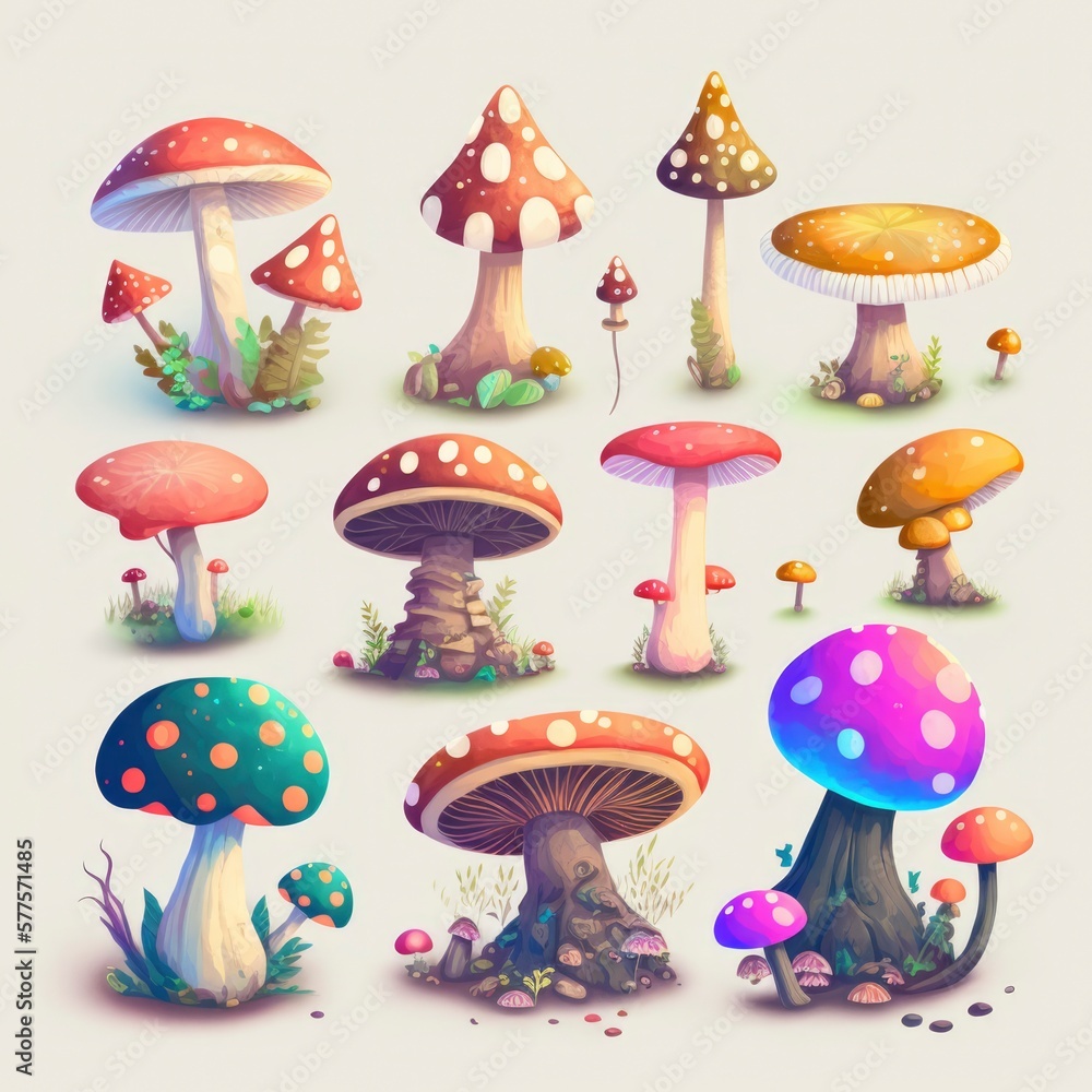 set of mushrooms, cartoon minimalist illustration, creative fantasy exotic magical world, isolated white background, generative ai set of mushrooms, cartoon minimalist illustration, creative fantasy exotic magical world, isolated white background, generative ai