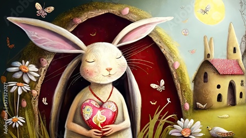 A romantic illustration of a female rabbit, easter bunny, love, hope, happiness, butterflies, valentine, Generative AI