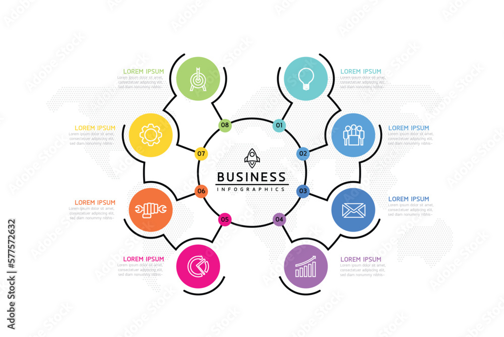 Circular Connection Steps business Infographic Template with 8 Element Circular Connection Steps business Infographic Template with 8 Element