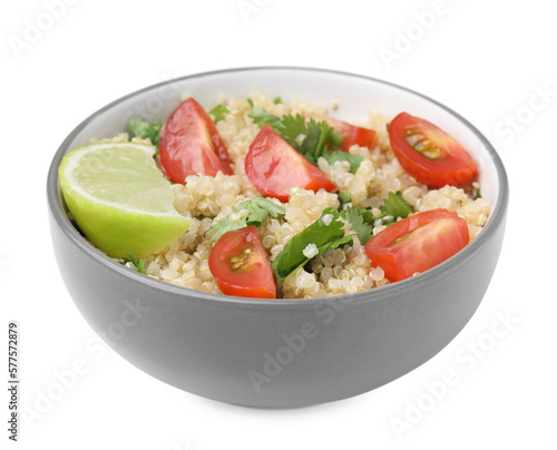 Delicious quinoa salad with tomatoes, parsley and lime isolated on white