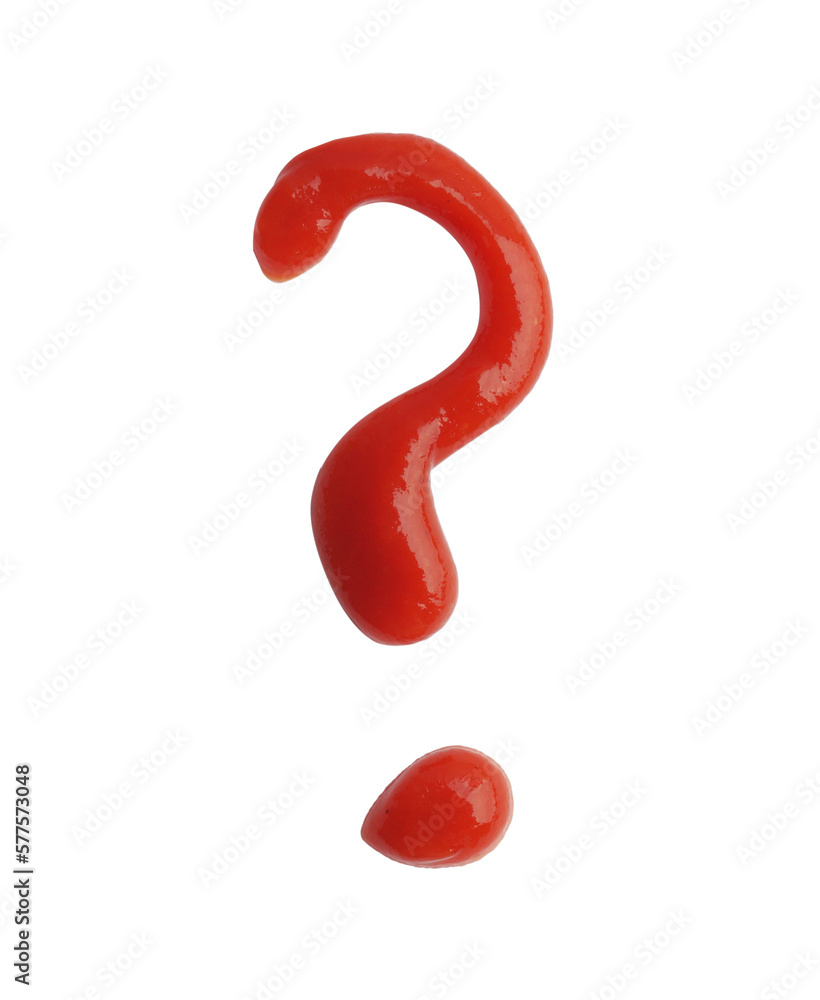 Question mark drawn by ketchup on white background Question mark drawn by ketchup on white background