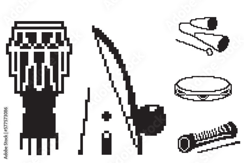 Set of pixel art musical instruments used in Brazilian sport called Capoeira atabaque, berimbau, caxixi, agogo, tambourine and reco-reco. Vector illustration on white background.