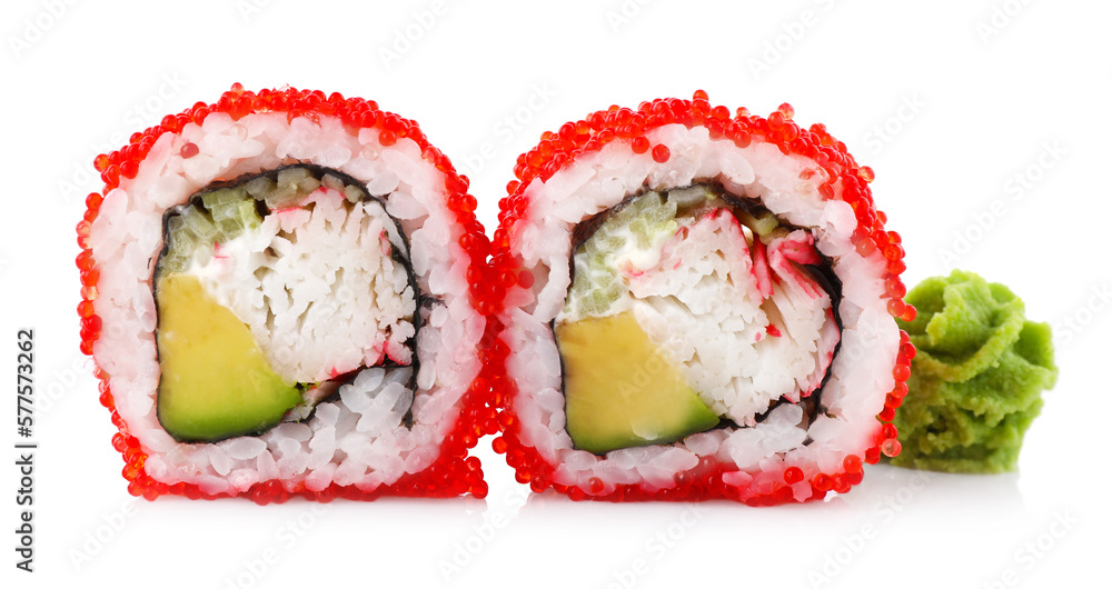 Delicious fresh sushi rolls with tobiko caviar on white background Delicious fresh sushi rolls with tobiko caviar on white background