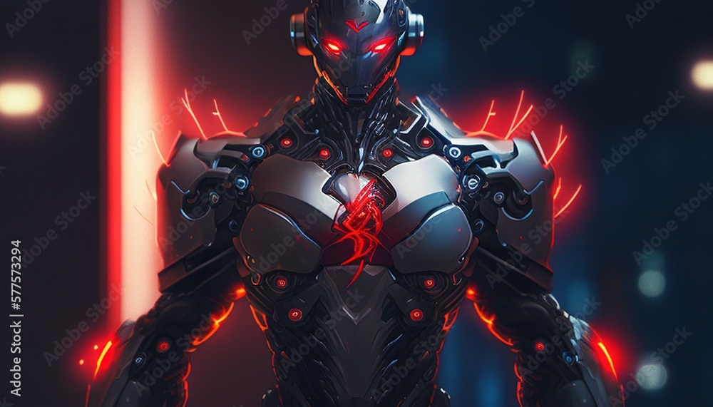 cyborg red neon light digital art illustration, Generative AI cyborg red neon light digital art illustration, Generative AI