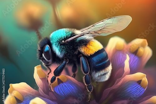Image shows a black osmia caerulescens bee perched on a colorful bloom in a French garden. Generative AI photo