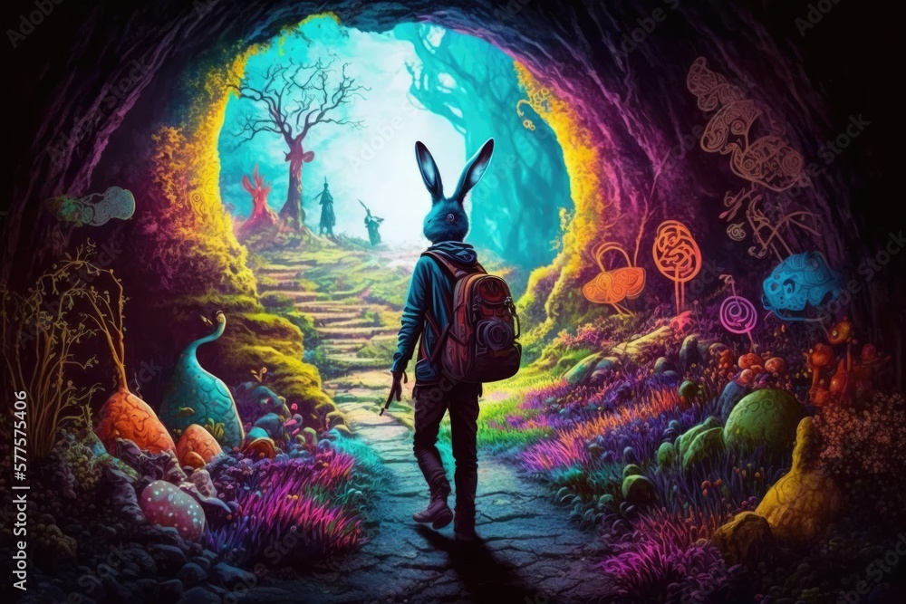 The easter bunny wearing a backpack walking through a magical tunnel entering in to a psychedelic colorful easter landscape, Generative AI 