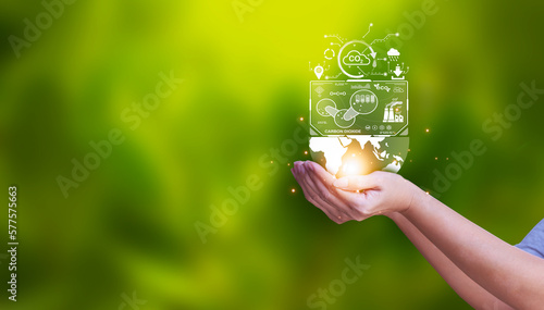 Fotografiet human hand display icon virtual energy saving concept conservation of natural re