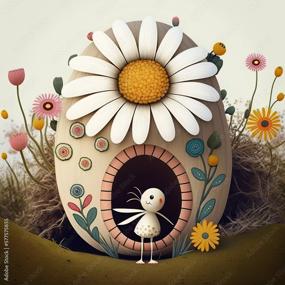 Obraz premium a cute easter bunny, in his easrterhouse surrounded by flowers, Generative AI