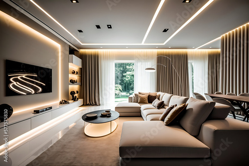 a modern and comfortable living room with a sleek and stylish design. LED strips provide soft and warm lighting that creates a cozy atmosphere. generative ai