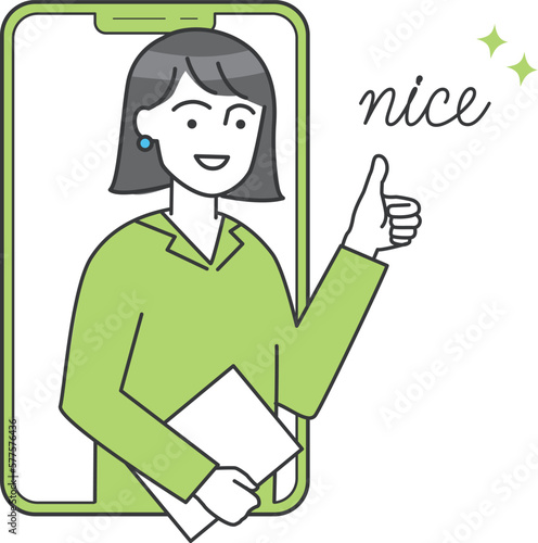 ビジネスパーソン（女性）がスマホからグッドポーズをしているベクターイラスト