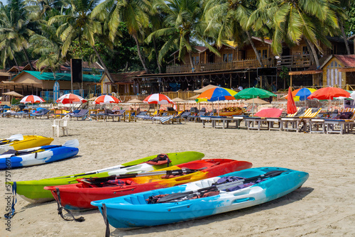 Kayak boats lined up on Palolem beach of South Goa, India. photo