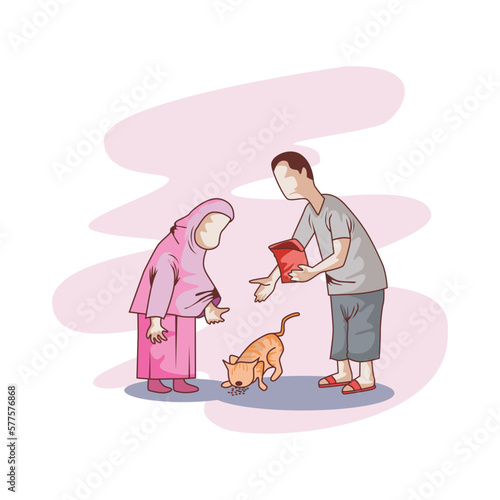 Feeding stray cats on the street