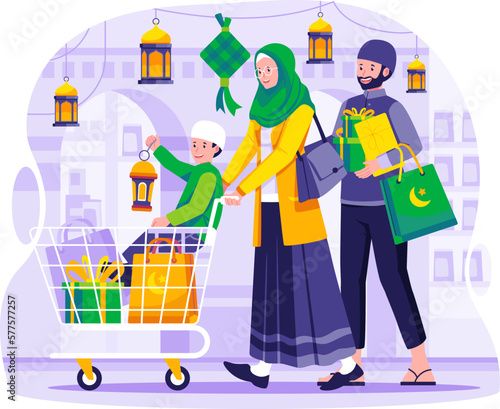 A Muslim Family is shopping in the grocery market store. a mother is holding a trolley with her son in it and a father is carrying gifts and groceries. Ramadan Sale and Shopping concept illustration