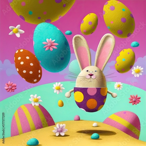 Easter bunny in a colourful easter egg landscape, aqua and pink, flowers,  raining easter eggs, Generative AI