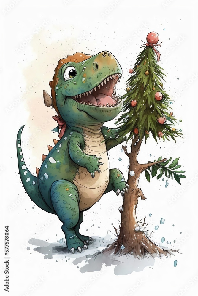 Fototapeta premium Dinosaur decorating a Christmas tree, happy expression, holiday, generative ai 