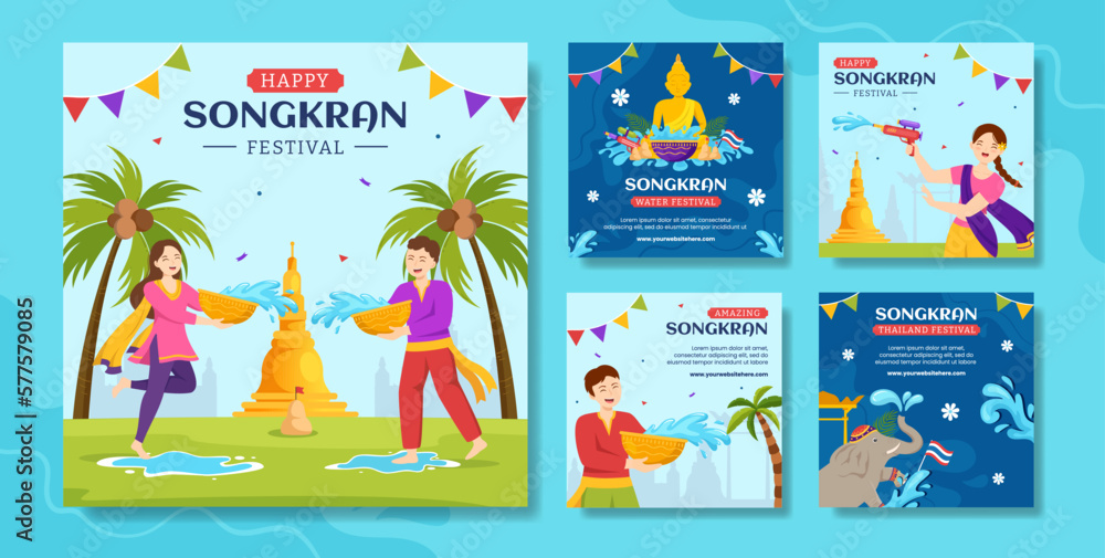 Songkran Festival Day Social Media Post Flat Cartoon Hand Drawn Templates Background Illustration