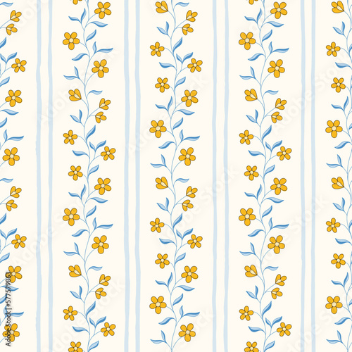 Indian Trailing Flowers and Vertical Stripes Vector Seamless Pattern. Cottagecore Chintz Floral Background. Delicate Summer Boho Print