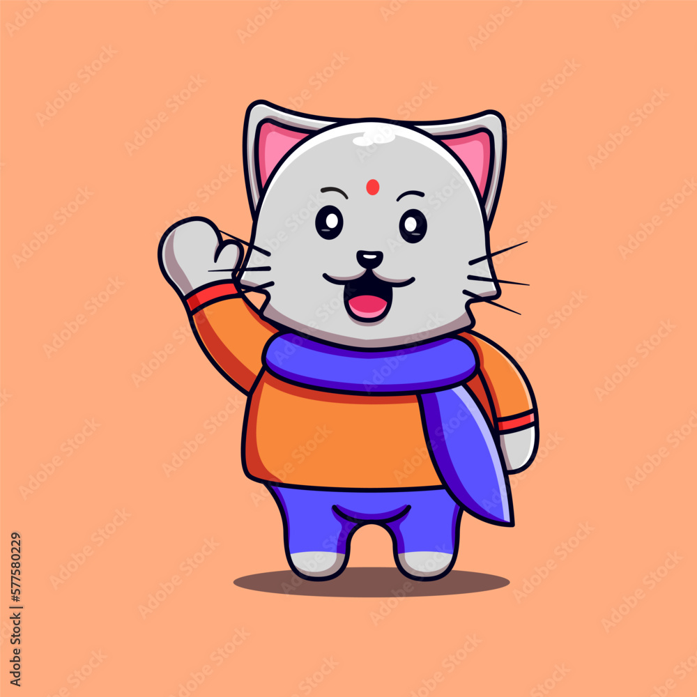 Illustration of cute cat waving Cute Cat Celebrating Holy Festival, Vector Illustration Cat Mascot Cartoon Character