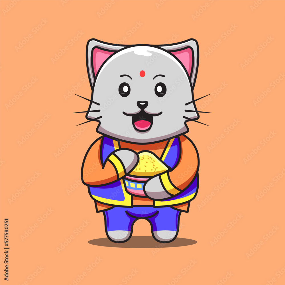 Illustration Of A Cute Cat Holding A Container Filled With Colored Powder, Cute Cat Celebrating Holy Festival Vector Illustration Cat Mascot Cartoon Character