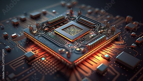 Microchip, surface zoom in, macro, tech, computer, IT created with generative ai technology