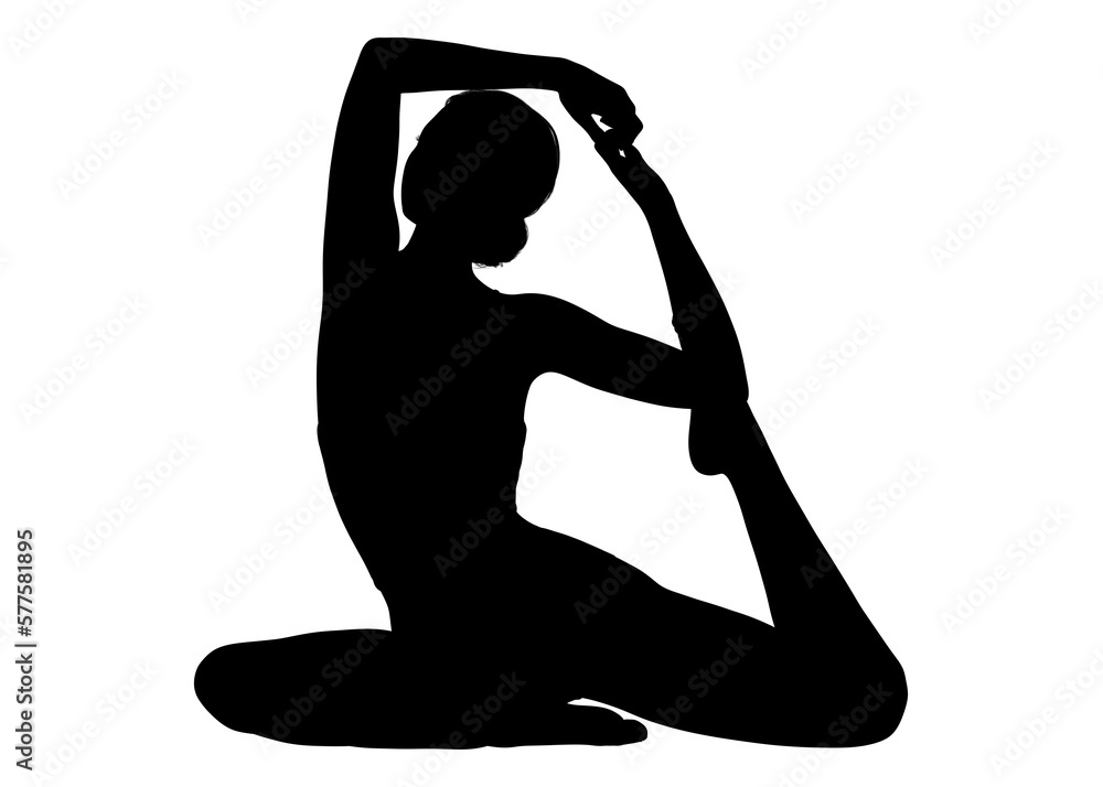 ヨガポーズ ヨガの鳩のポーズをする女性のシルエット 日本人の全身正面のイラスト ヨガポーズ ヨガの鳩のポーズをする女性のシルエット 日本人の全身正面のイラスト