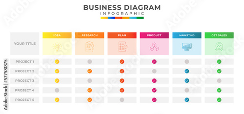6 Steps Modern Project Table comparison diagram with check list and icon symbol, presentation vector infographic. Infographic template for business. photo