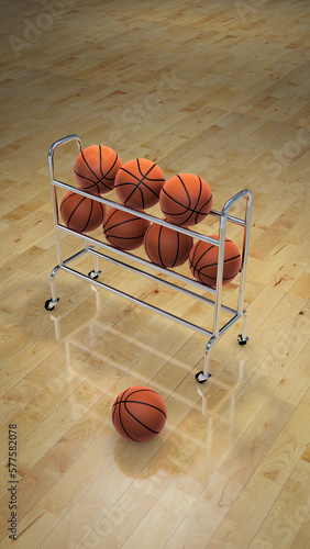 practice basketball concept. Training ball rack over court floor. 3d rendering. Vertical orientation.