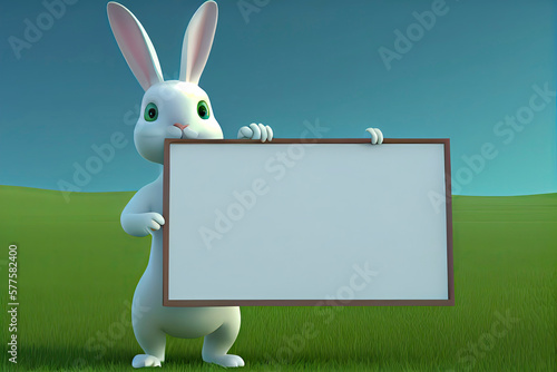 3D rabbit cartoon holding blank sign. 3D animal background photo