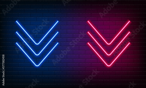 Neon sign Arrow down blue and pink on brick wall background. Vintage electric signboard with bright neon lights. Neon symbol pointer light. Bar or Cafe coffee. Night Club Drink. Vector illustration.
