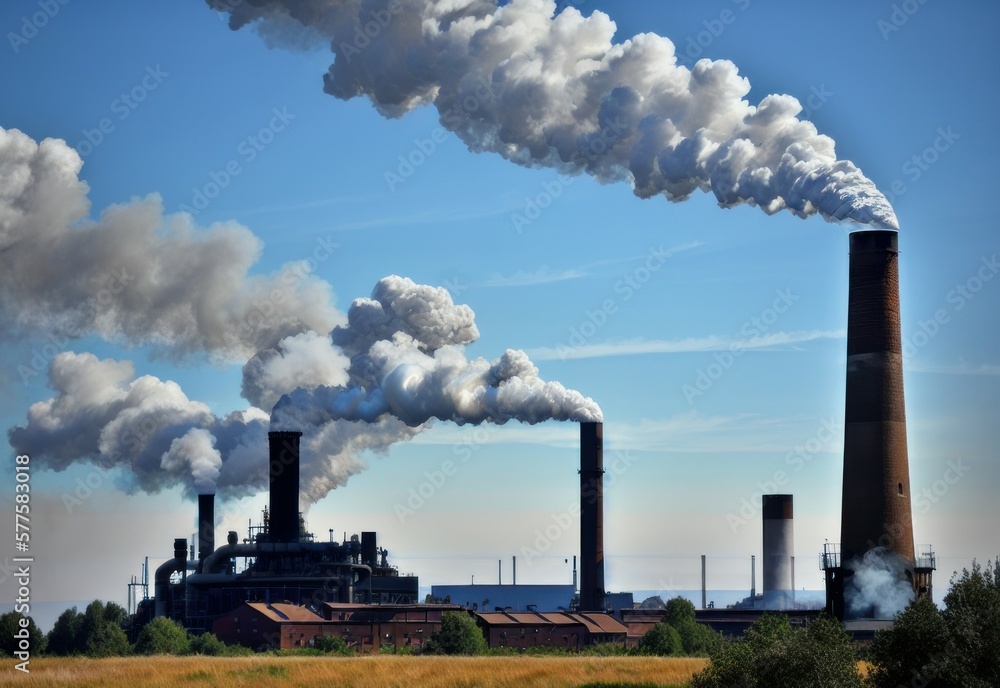 Metal pipe of a plant with exhaust white, gray smoke, smog. Concept ecology, pollution. AI generated Metal pipe of a plant with exhaust white, gray smoke, smog. Concept ecology, pollution. AI generated