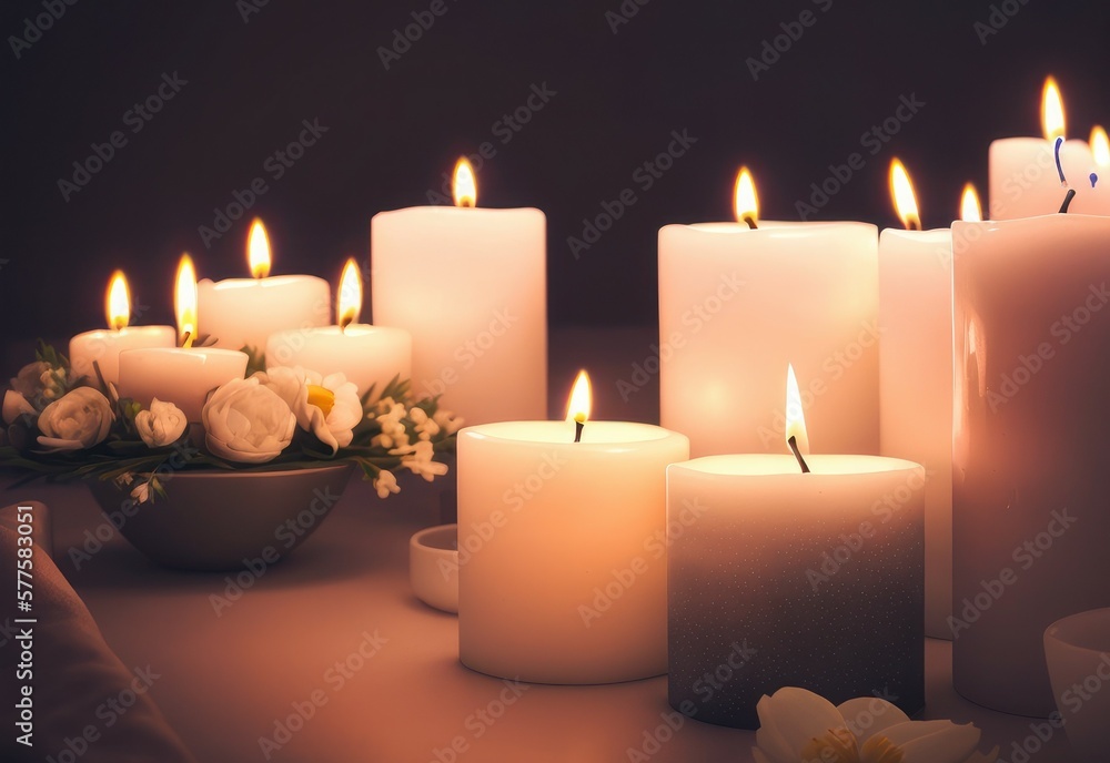 Spa setting with aromatic candles. Romantic atmosphere. Background with selective focus. AI generated