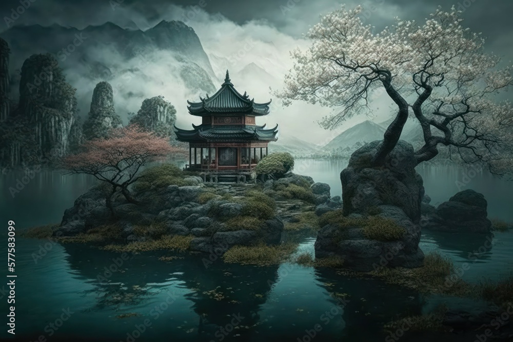 Fantasy landscape. Chinese style. Fairy tale atmosphere. AI generated Fantasy landscape. Chinese style. Fairy tale atmosphere. AI generated