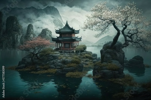 Fantasy landscape. Chinese style. Fairy tale atmosphere. AI generated