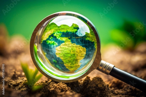 Ai generated image of magnifier glass and earth globe with earth day event concept.