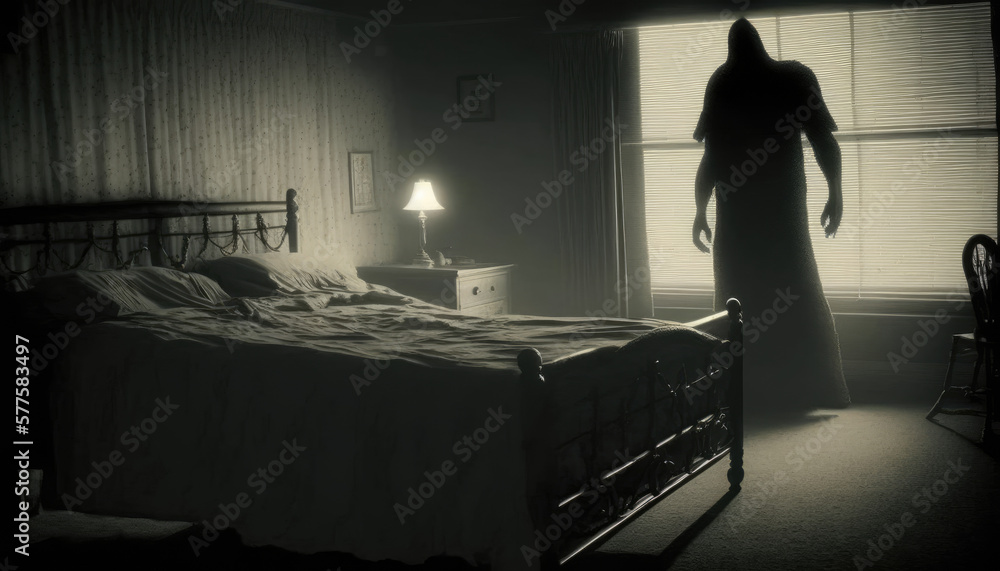 Humanoid Ghost Silhouette Next To Bed. Generative AI. - obrazy, fototapety, plakaty 