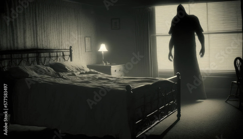 Foto Humanoid Ghost Silhouette Next To Bed. Generative AI.