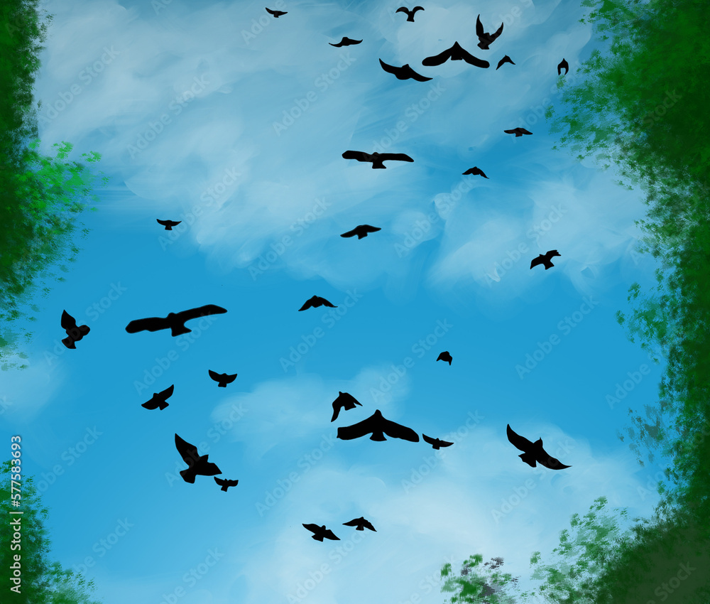 Fototapeta premium a flock of birds flying in the cloudy blue sky above the trees