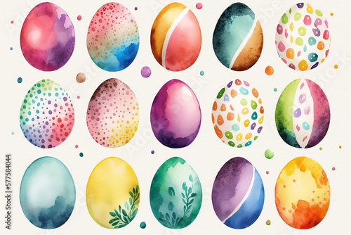 Pattern of Easter diferent colors eggs in a watercolor technique, AI