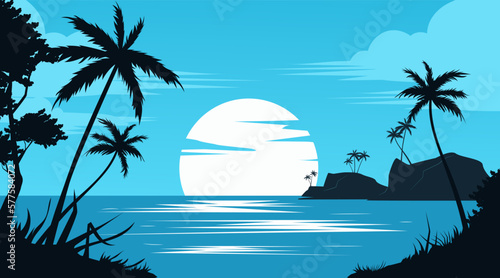 beach view with silhouettes of coconut trees, shades of blue