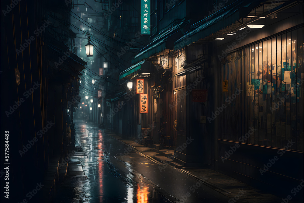 Naklejka premium Japanese backstreet at night, raining